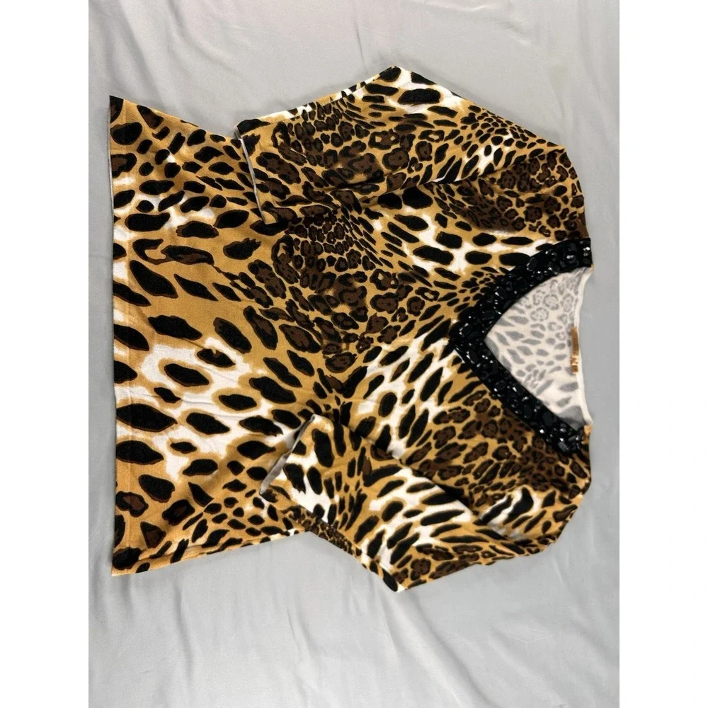 Belldini‎ Womens XL Leopard Print Top Beaded V Neck 3/4 Sleeve Stretch Knit